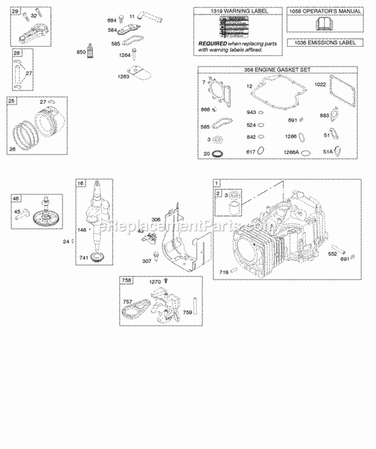 Camshaft Crankshaft Cylinder Gasket Set - Engine OperatorS Manual Piston Rings Connecting Rod Warning Label Diagram and Parts List for 331877-0110-G5  Briggs and Stratton Engine